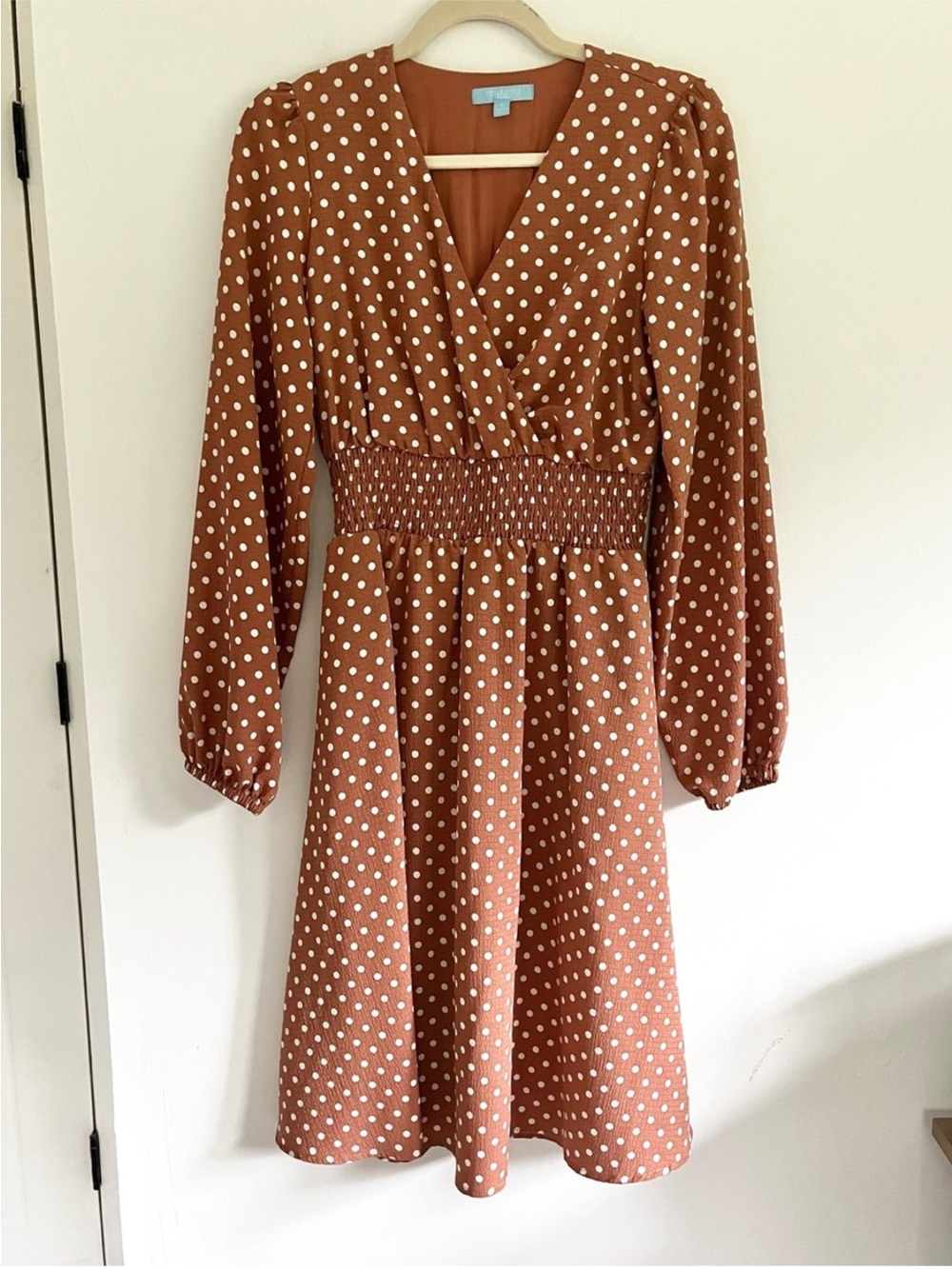 Draper James Warm Brown Polka Dot Long Sleeve V-Neck Dress w Pockets Cottagecore